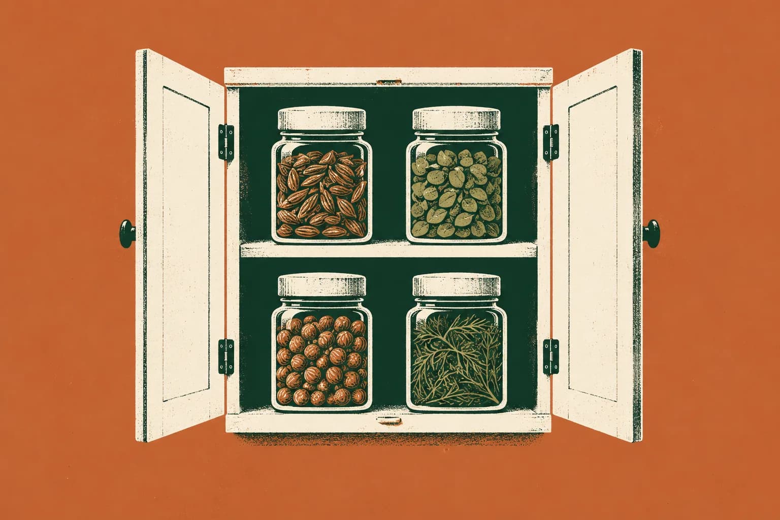 Riso: kuchenna szafka jak apteczka, ze słoikami kminku, majeranku, kolendry i kopru.