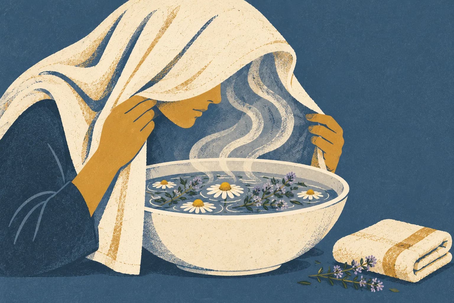 Ilustracja w stylu risografii: osoba z ręcznikiem na głowie pochyla się nad miską parującej wody z rumiankiem i tymiankiem, obok złożony okład