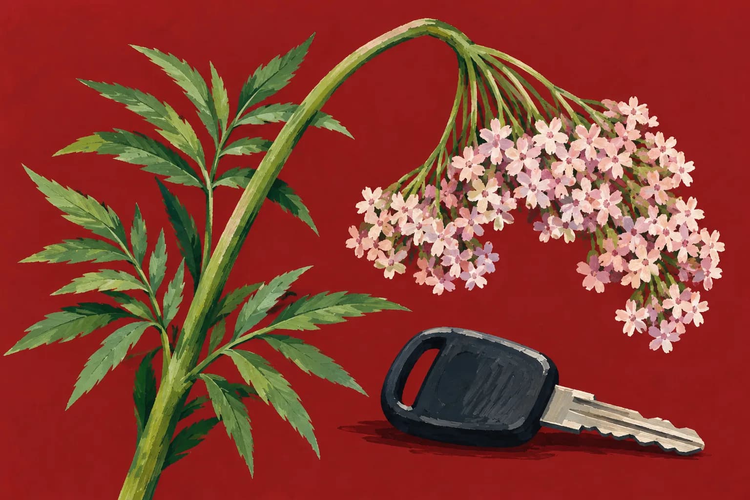 Plakat: kwiatostan kozłka zwisa jak senna głowa nad kluczykiem samochodowym