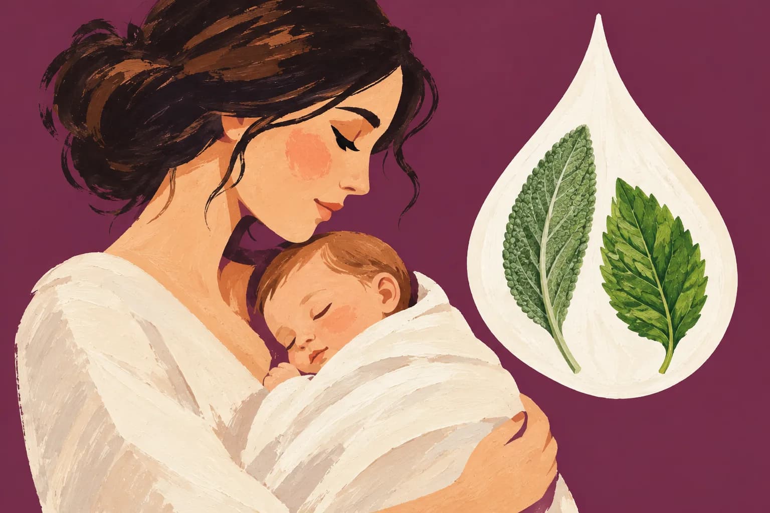 Plakat: matka tuli śpiące niemowlę, obok kropla mleka z liściem szałwii i mięty