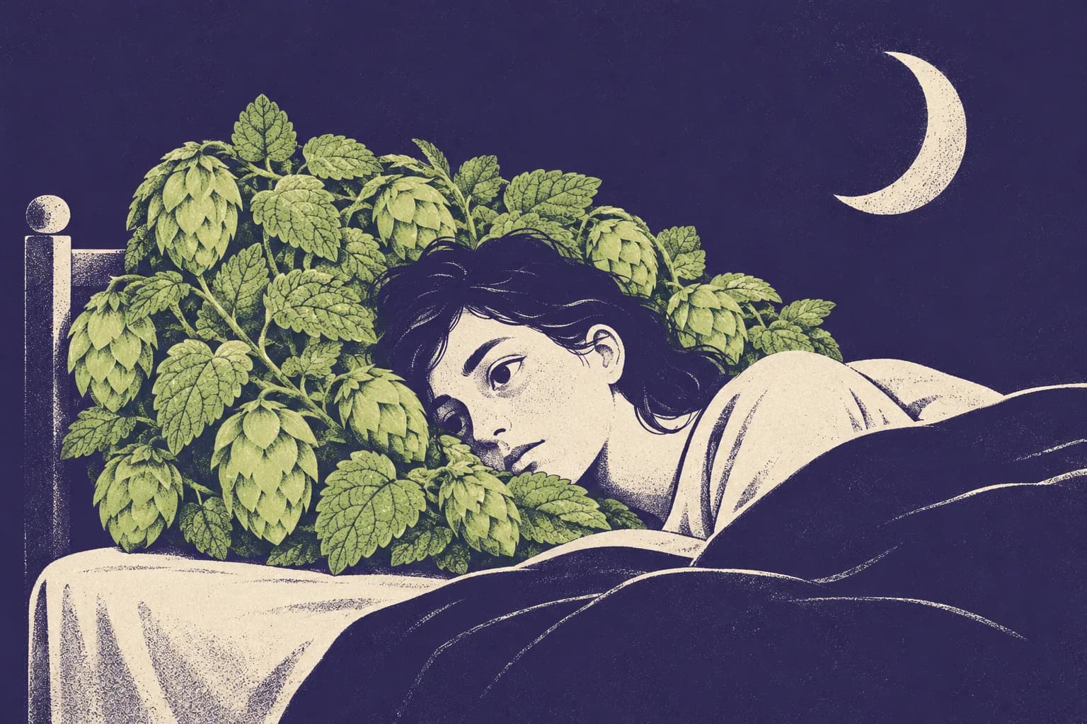 Ilustracja: osoba leży w łóżku pod sierpem księżyca, poduszka z szyszek chmielu i liści melisy