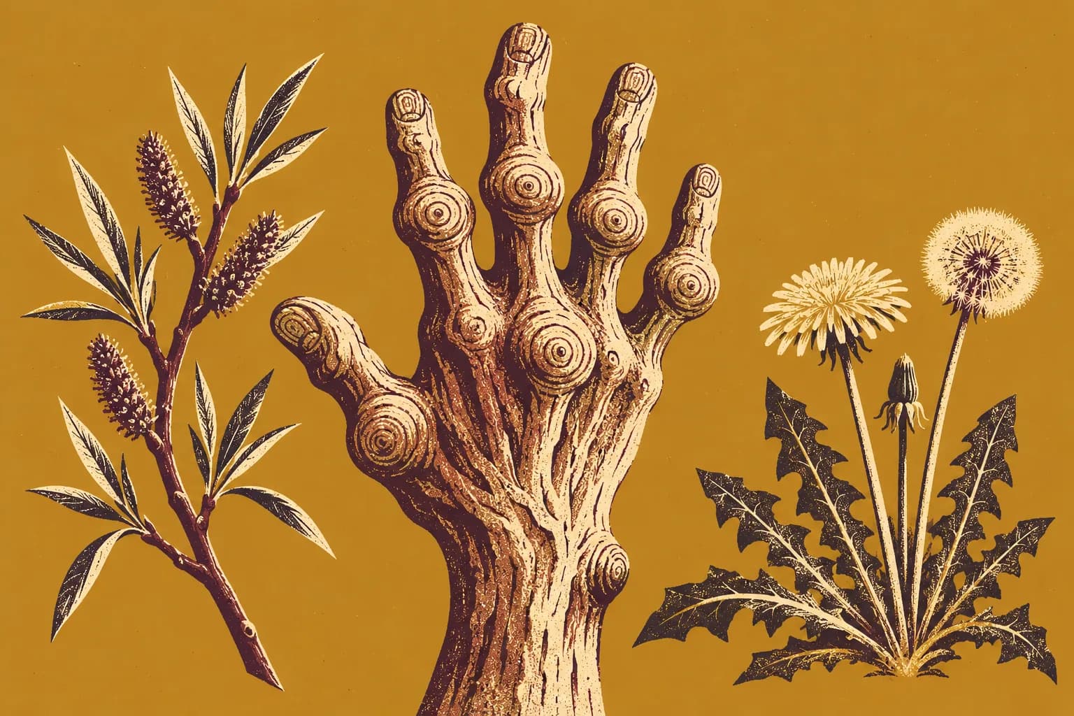 Ilustracja: obrzęknięte stawy palców jak sęki gałęzi, obok gałązka wierzby i mniszek