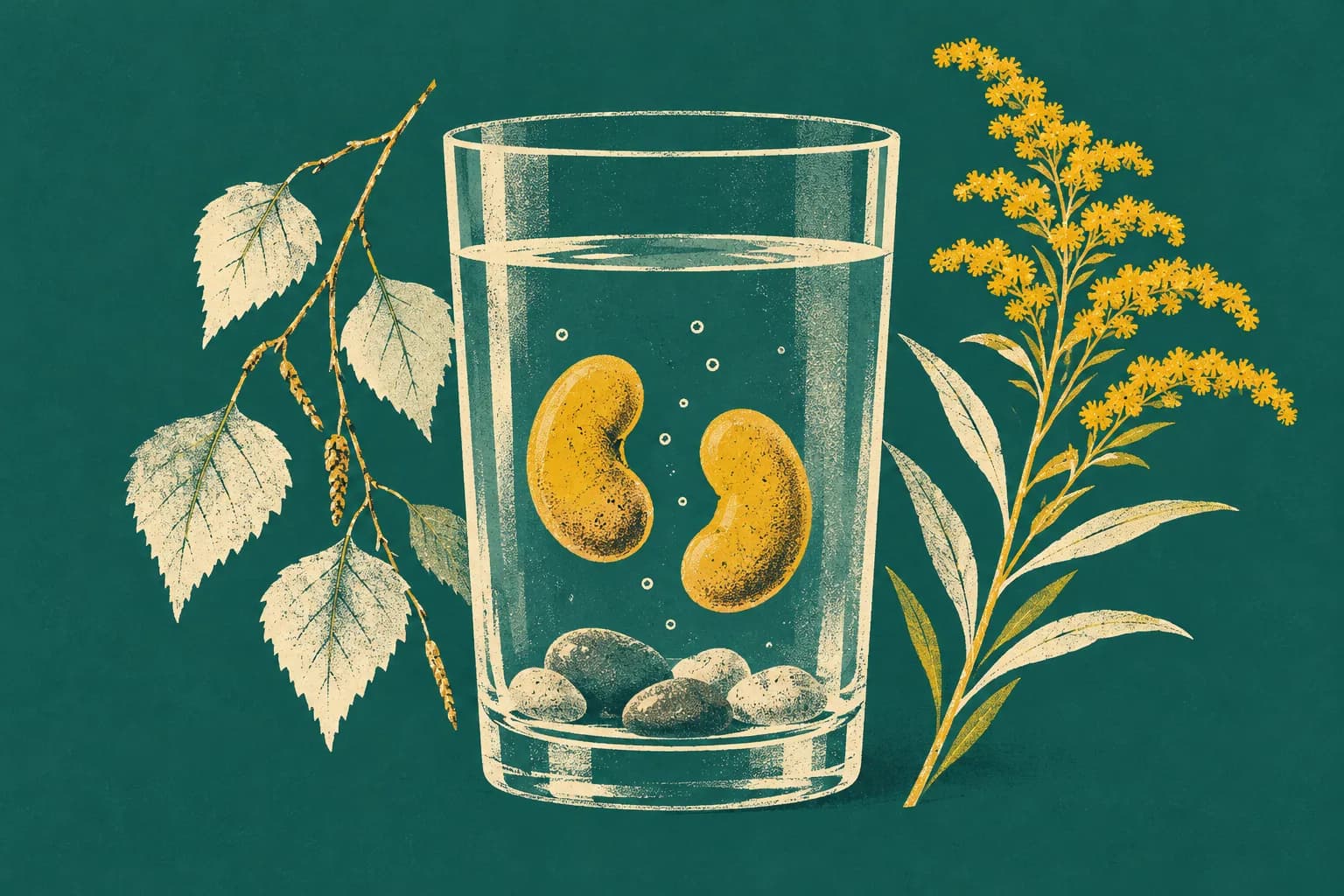 Ilustracja: dwie nerki jak fasolki w szklance wody z kamykami na dnie, obok liście brzozy i nawłoć