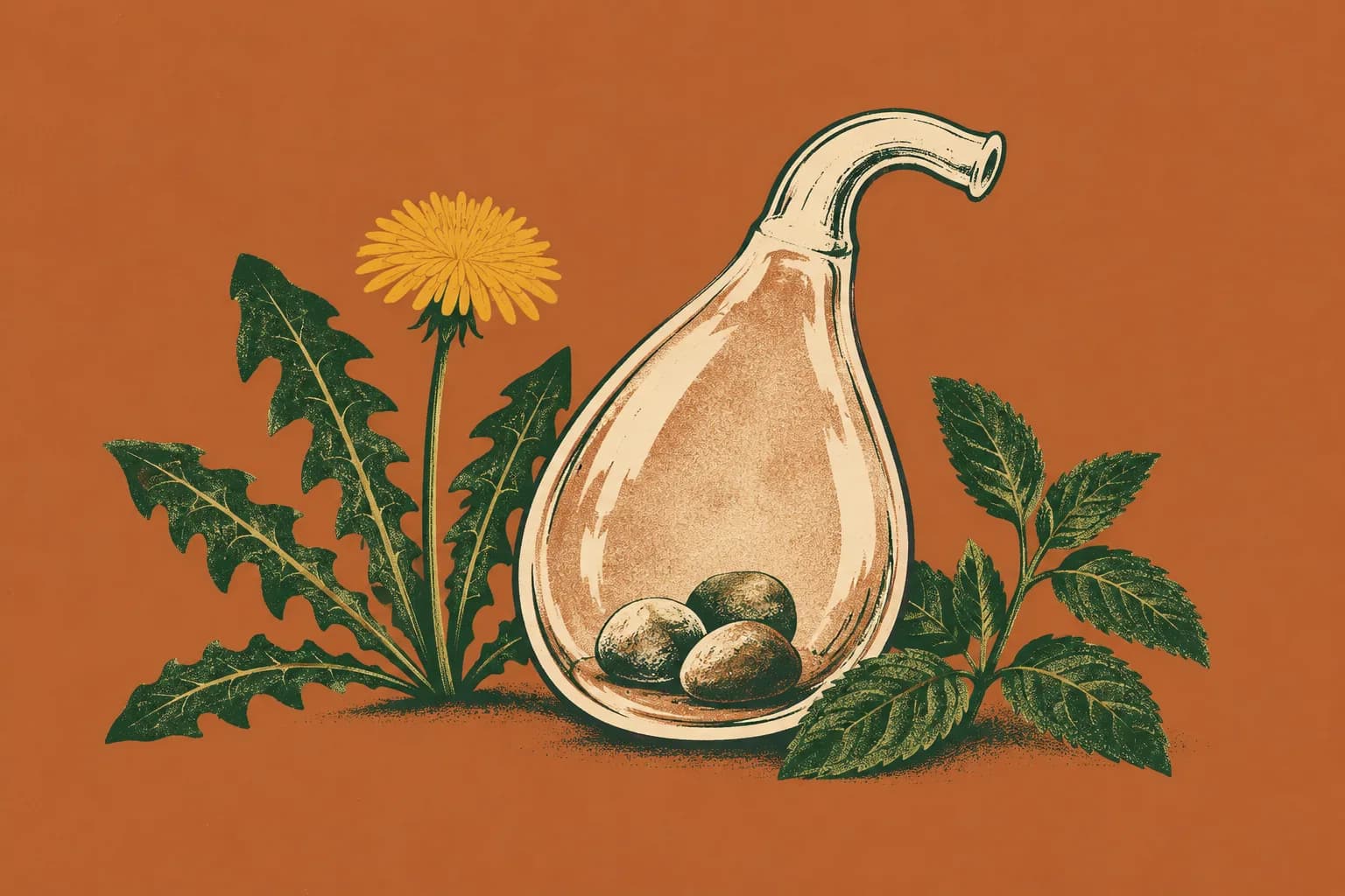 Ilustracja: woreczek żółciowy jak szklany słoik z kamykami, obok mniszek i liście mięty