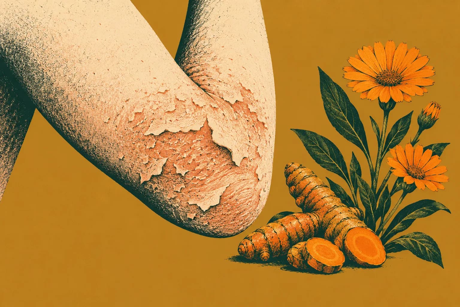 Ilustracja: łokieć z łuszczącą się skórą jak odpadająca farba, obok kłącze kurkumy i kwiaty nagietka