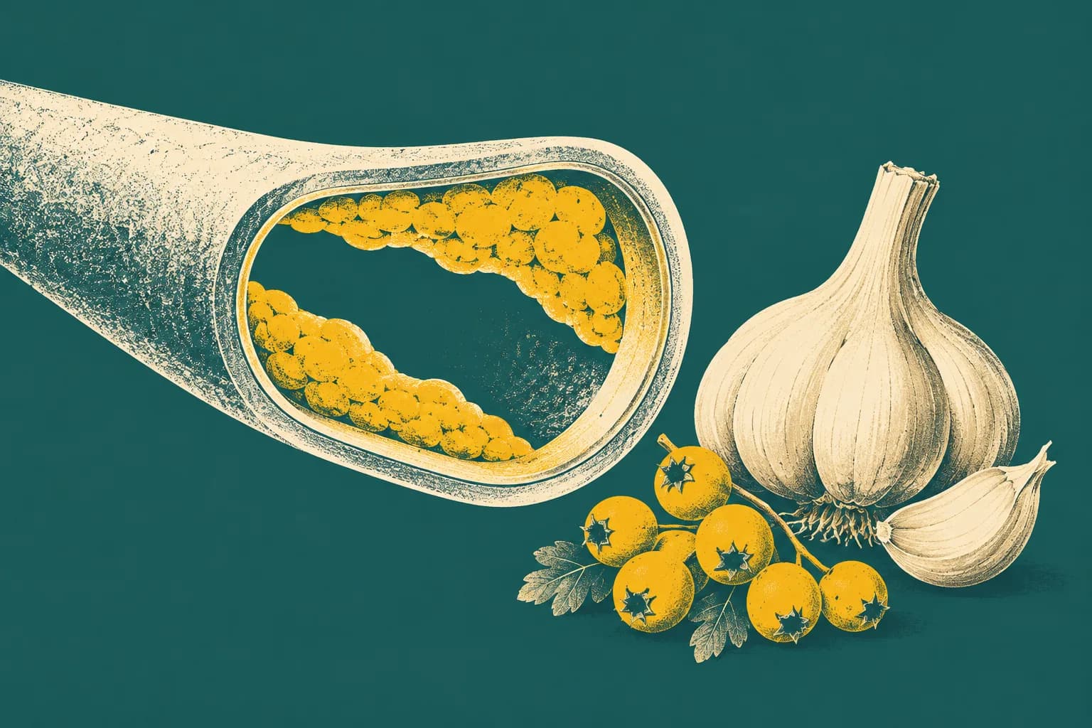 Ilustracja: przekrój tętnicy jak rury zwężonej złogami, obok główka czosnku i owoce głogu