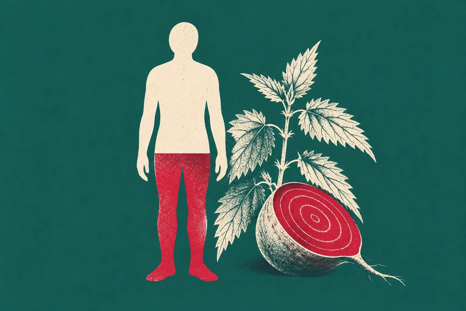 Ilustracja: blada sylwetka człowieka wypełniona czerwienią tylko do połowy, obok liście pokrzywy i przekrojony burak
