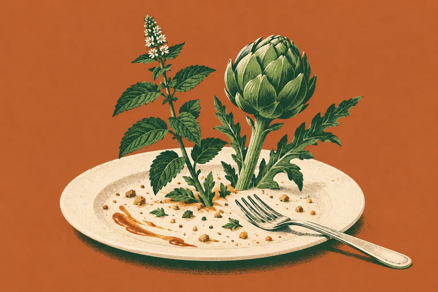 Ilustracja: talerz po ciężkim posiłku, z którego wyrasta gałązka mięty i karczoch