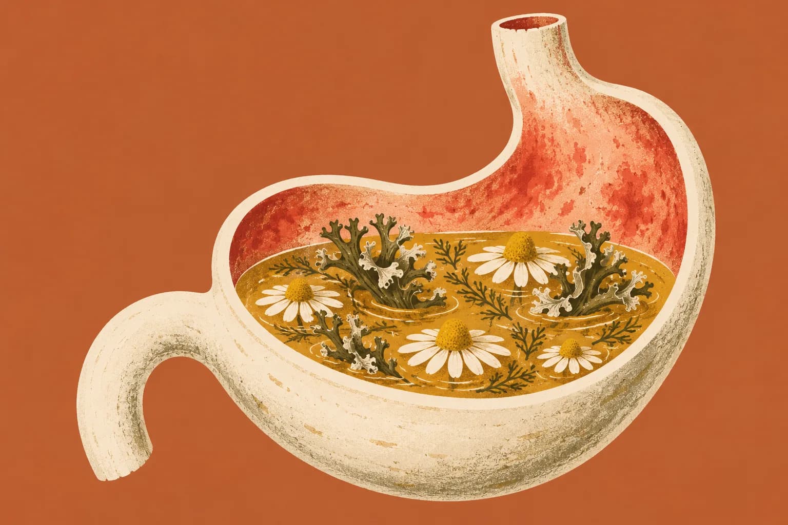 Ilustracja: żołądek jak ceramiczna misa z zaczerwienionym dnem, w niej porost islandzki i kwiaty rumianku