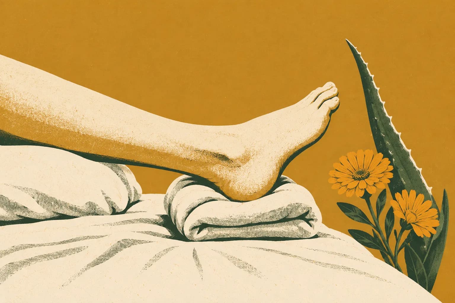 Ilustracja: prześcieradło z poduszką i pięta oparta na złożonej poduszce, obok liść aloesu i nagietek