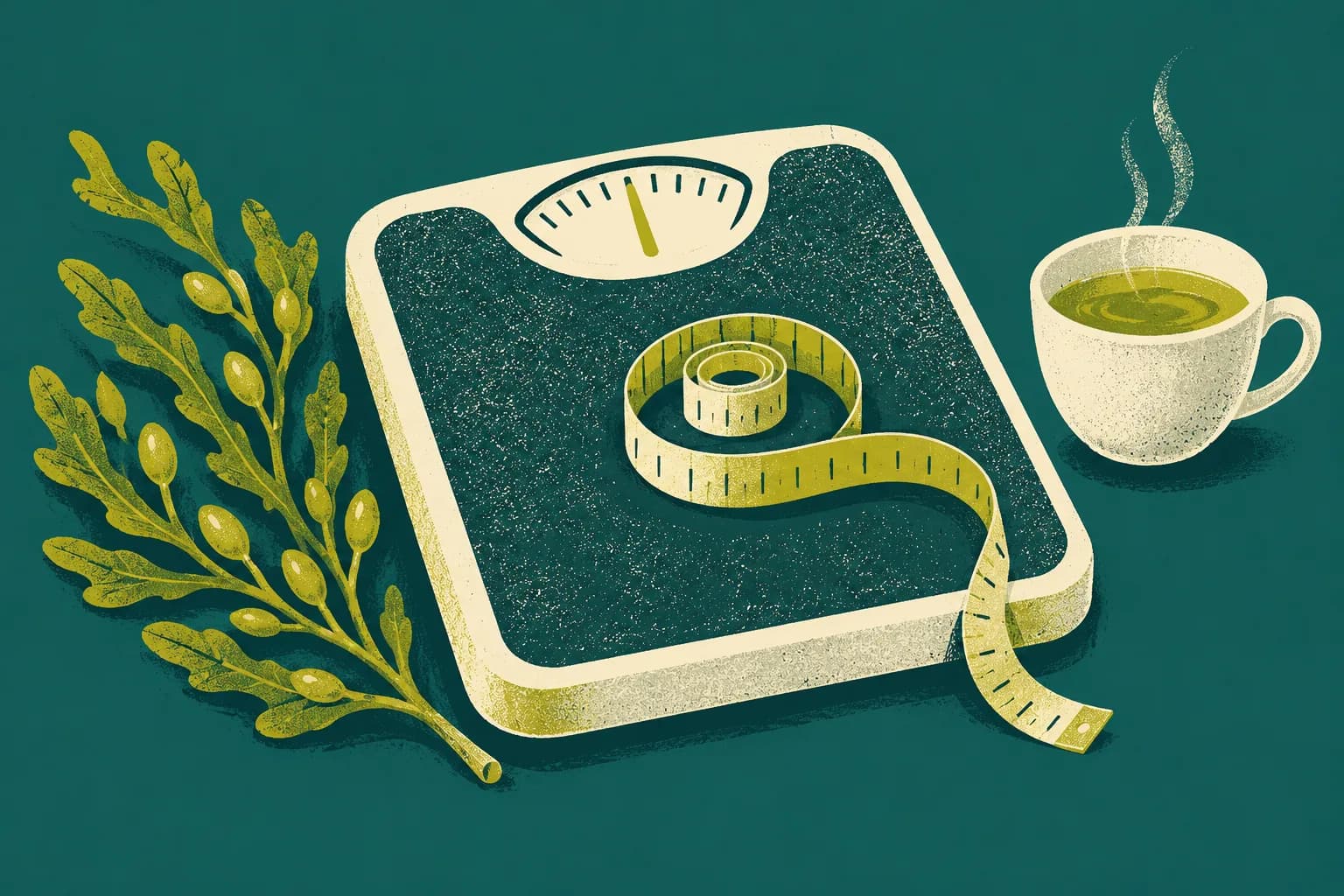 Ilustracja: waga łazienkowa z centymetrem krawieckim, obok morszczyn i filiżanka zielonej herbaty