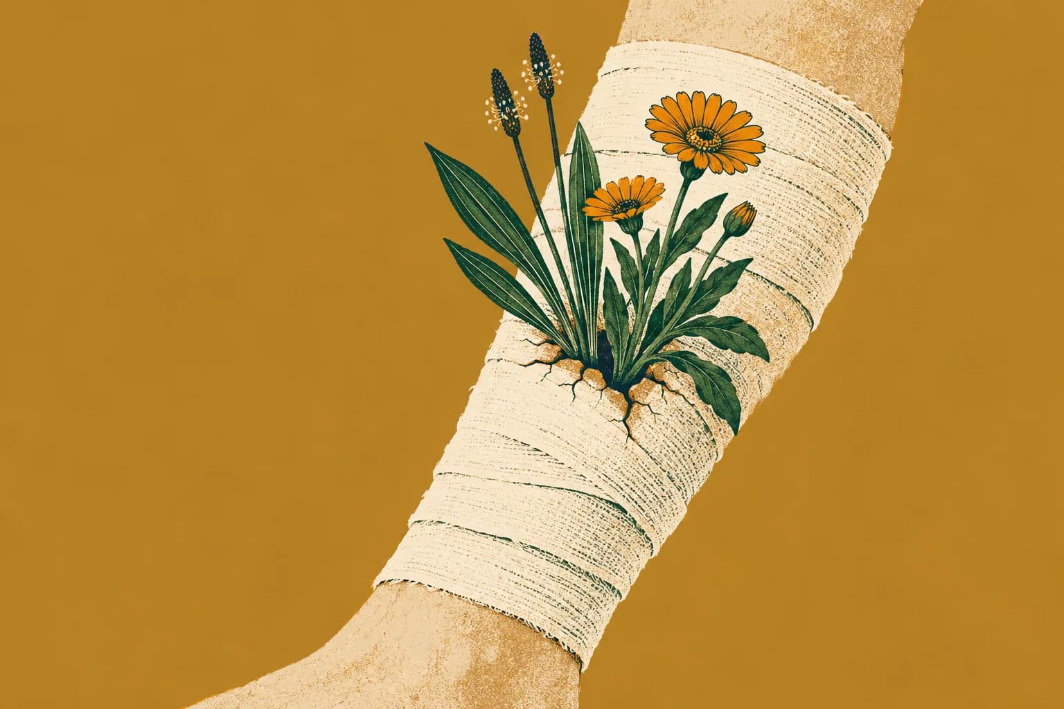 Ilustracja: goleń z raną jak pęknięcie w suchej ziemi, z którego wyrastają babka lancetowata i nagietek