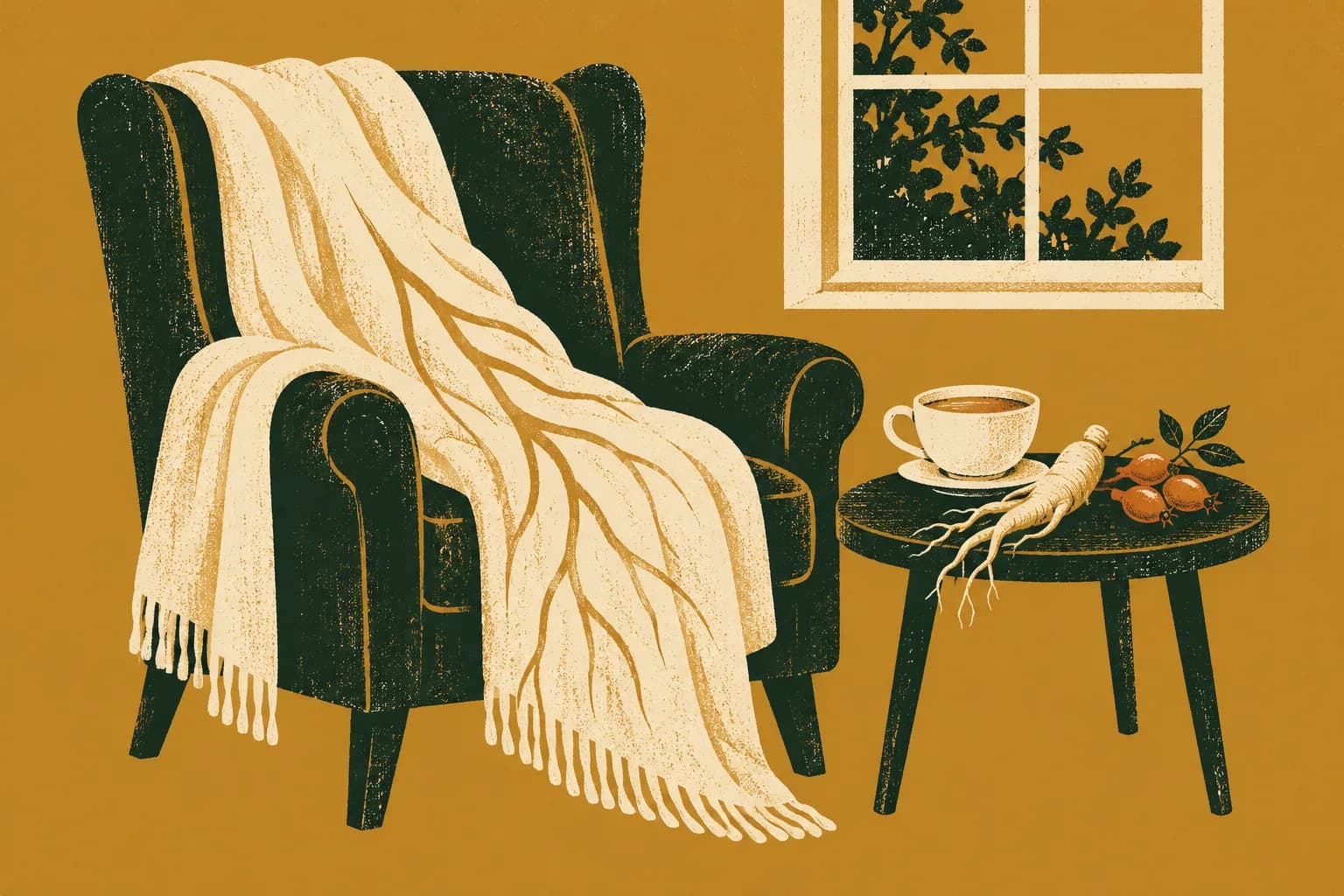 Ilustracja: fotel z kocem przy oknie, na stoliku filiżanka, korzeń żeń-szenia i owoce dzikiej róży