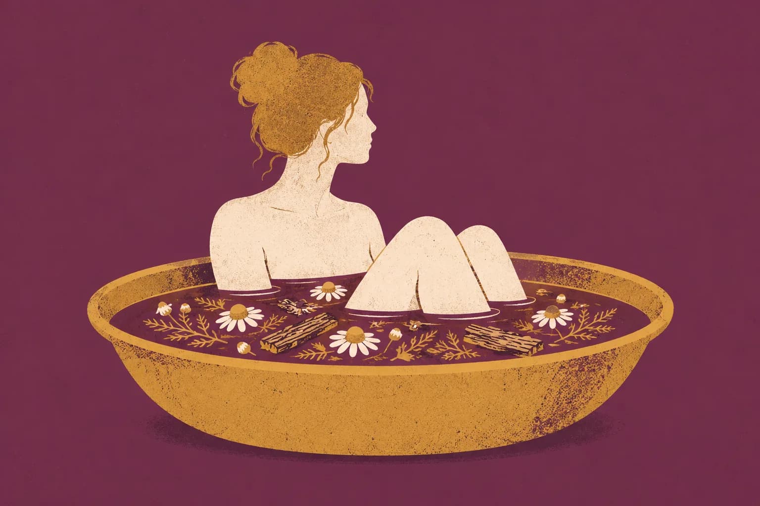 Ilustracja: sylwetka kobiety w misie z naparem, na wodzie kwiaty rumianku i kawałki kory dębu