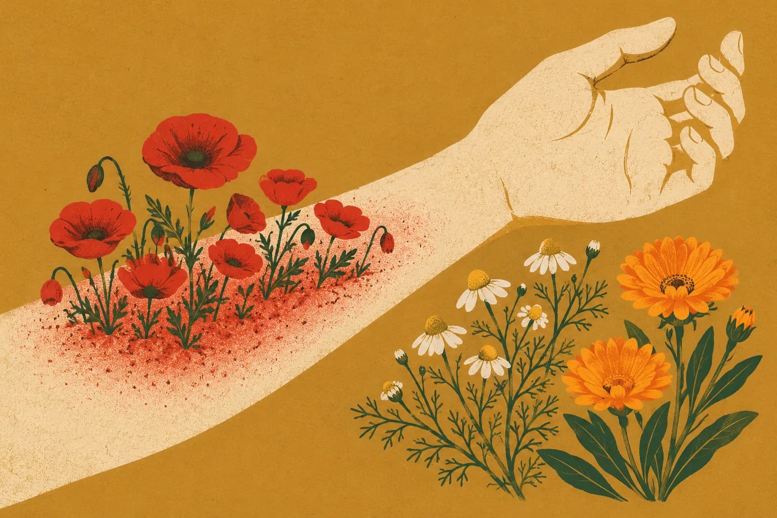Ilustracja: zaczerwieniona skóra przedramienia jak pole maków, obok kwiaty rumianku i nagietka