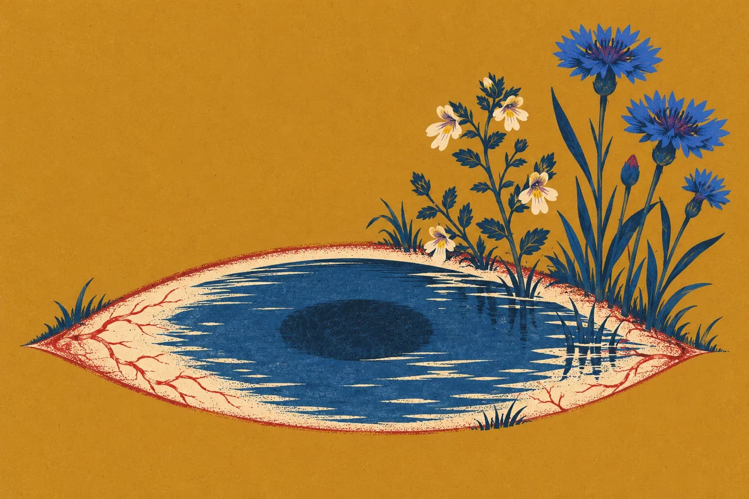 Ilustracja: zaczerwienione oko jak mały staw, na brzegu świetlik i chabry