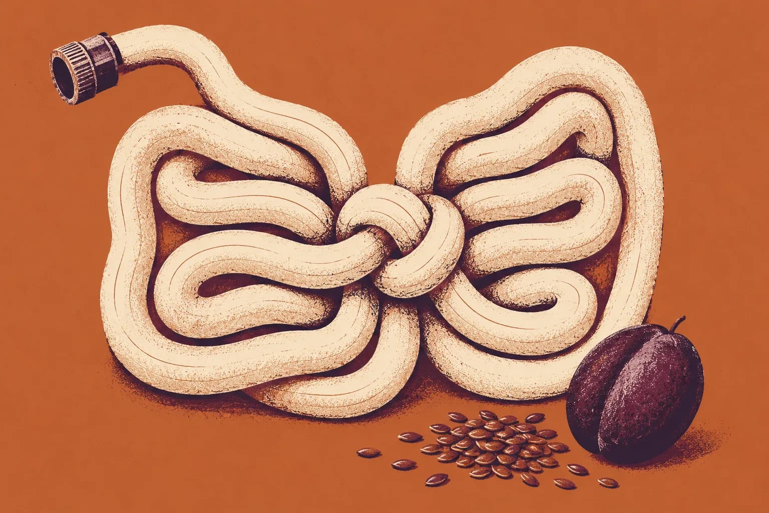 Ilustracja: wąż ogrodowy w kształcie jelit z supłem pośrodku, obok siemię lniane i śliwka