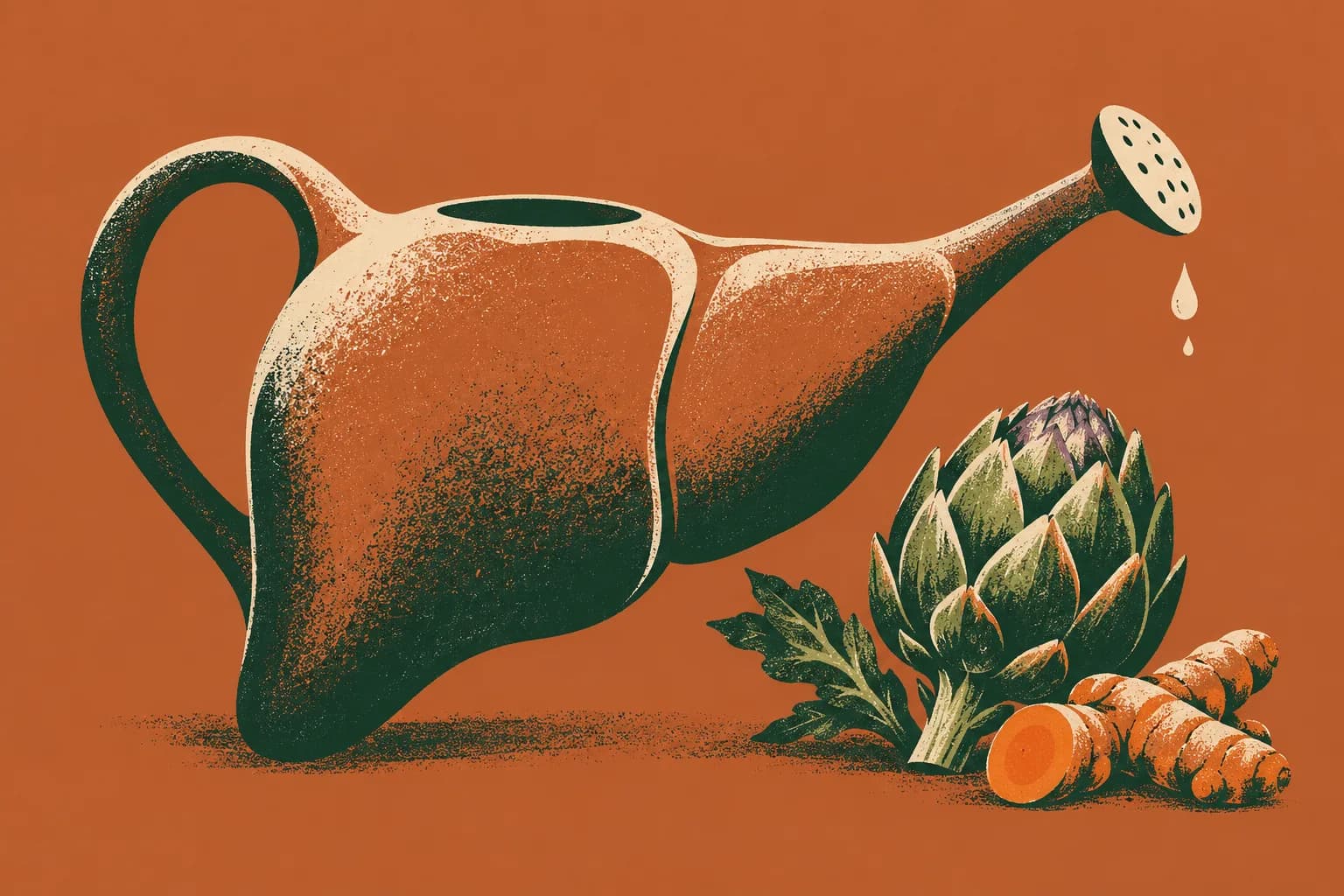 Ilustracja: wątroba jak konewka, z której dzióbka ledwo kapie, obok karczoch i kłącze kurkumy