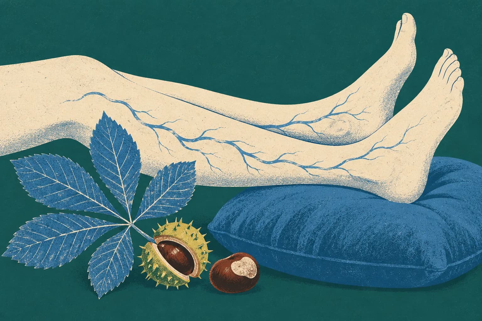 Ilustracja: nogi uniesione na poduszce, żyły jak cienkie niebieskie rzeki, obok gałązka kasztanowca