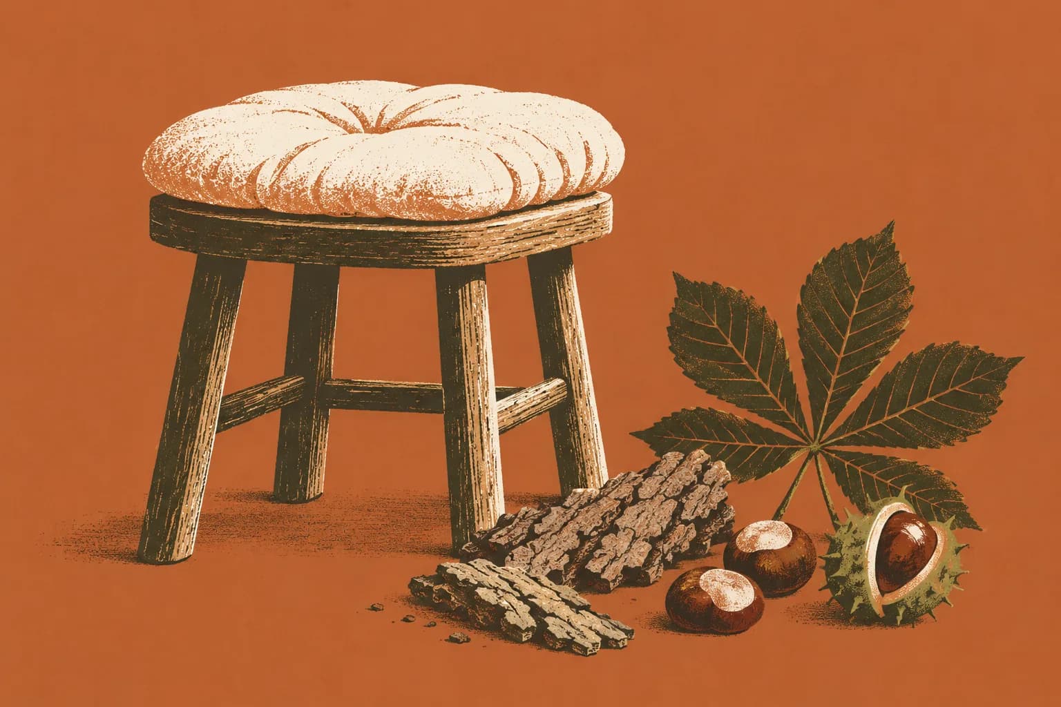 Ilustracja: drewniany taboret z miękką poduszką, obok kora dębu i liście z owocami kasztanowca