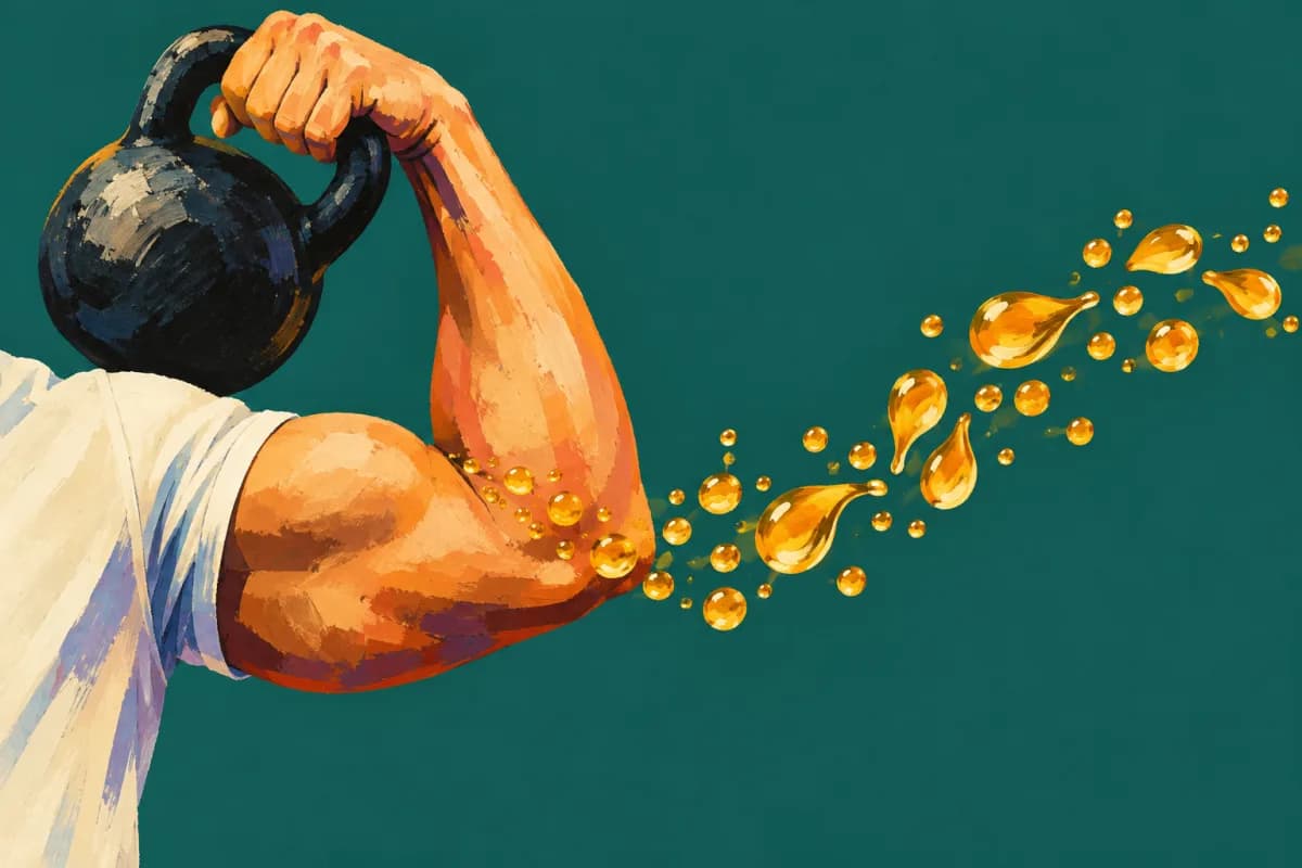 Umięśnione ramię unoszące odważnik kettlebell, z którego mięśnia ulatuje strumień drobnych bursztynowych kropel.
