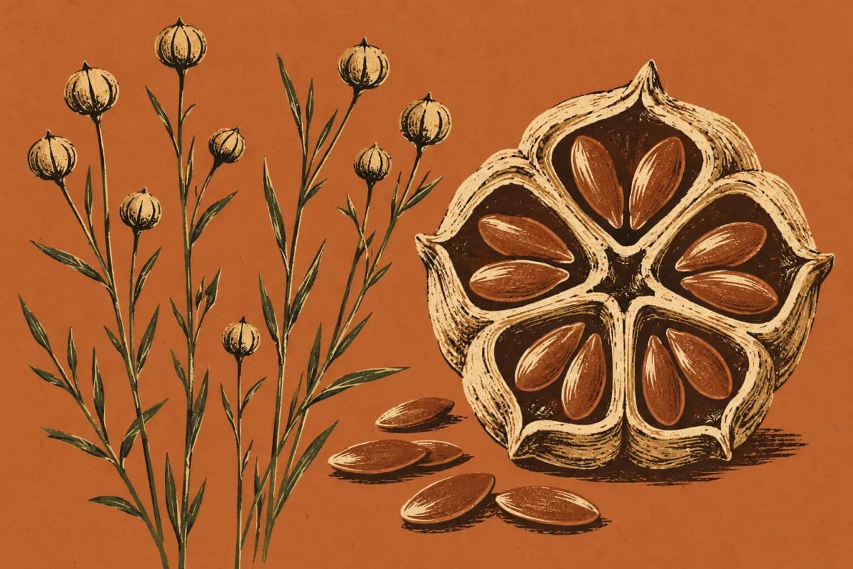 Łodygi lnu z wąskimi liśćmi i kulistymi torebkami nasiennymi, obok powiększony przekrój torebki z pięcioma komorami pełnymi brązowych, lśniących nasion.